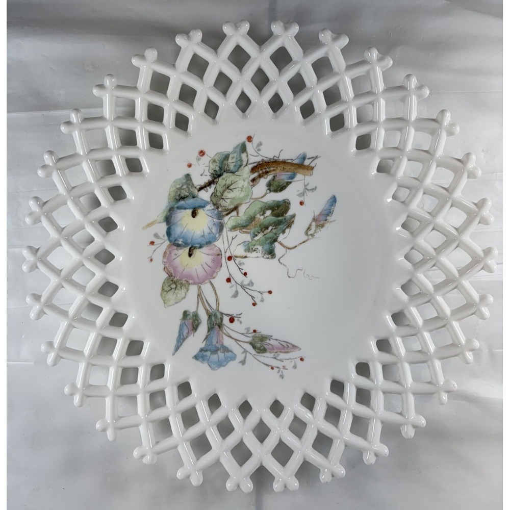 C.1880'S CHALLINOR AND TAYLOR MILK GLASS HAND-PAINTED FLORAL LATTICE PLATE 10"